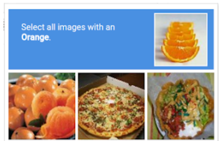 Delvis skærmbillede af en captcha, der kræver, at brugeren klikker på alle firkanter, der viser appelsiner