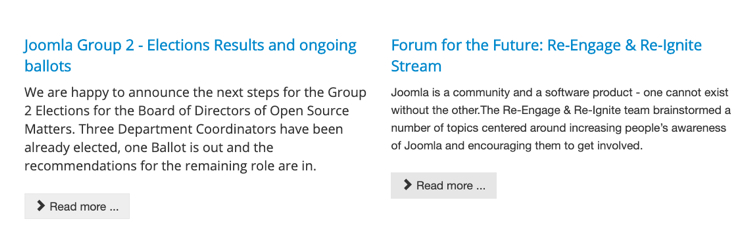 Joomla websted, der viser to forskellige historier, hver med identiske